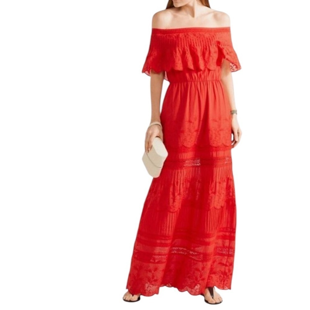 Alice + Olivia Pansy Red Embroidered Off-the-Shoulder Maxi Dress